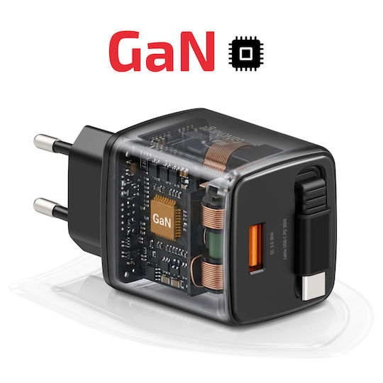 Swissten Usb-a 30w Wall Charger Integrated 0.75m Retractable Usb-c Cable Black