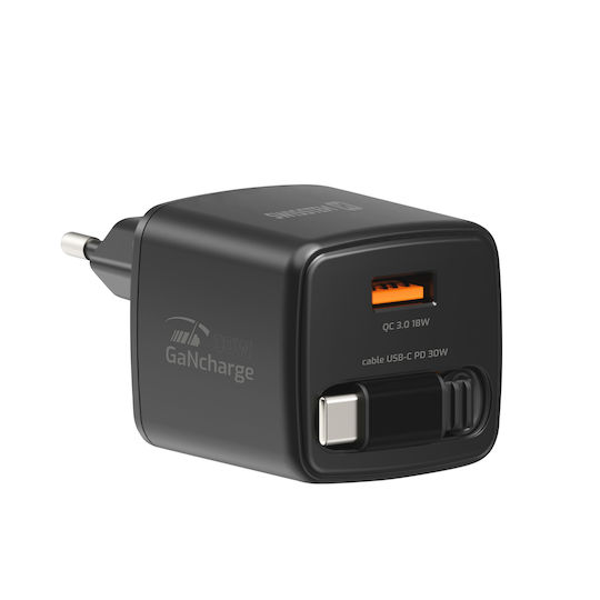 Swissten Usb-a 30w Wall Charger Integrated 0.75m Retractable Usb-c Cable Black