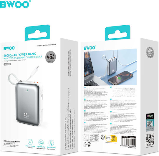 BWOO P78 Power Bank 20000mAh 45W με Θύρα USB-A και Θύρα USB-C Ασημί