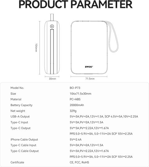 BWOO P73 Power Bank 10000mAh 22.5W with USB-C Port Black