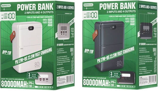 Remax RPP-118 Power Bank 80000mAh 27W with 3 USB-A Ports and 2 USB-C Ports Power Delivery Black