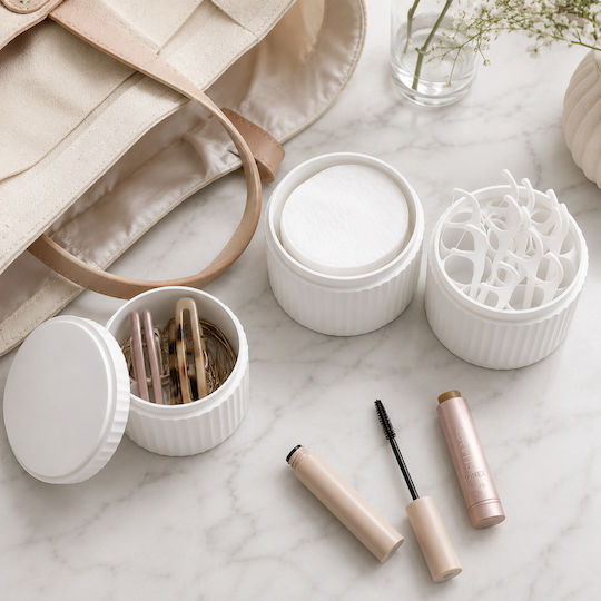 Femmit Badezimmerzubehör-Set aus 3 Stück Weiß mit Deckel Baumwolle Wattestäbchen Haarnadeln & Make-up-Accessoires