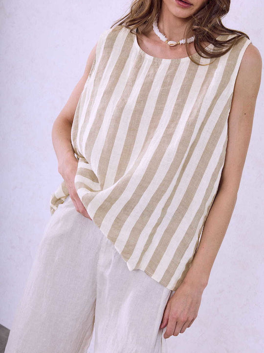 Celestino Damen Bluse Leinen Gestreift Loose Fit Beige