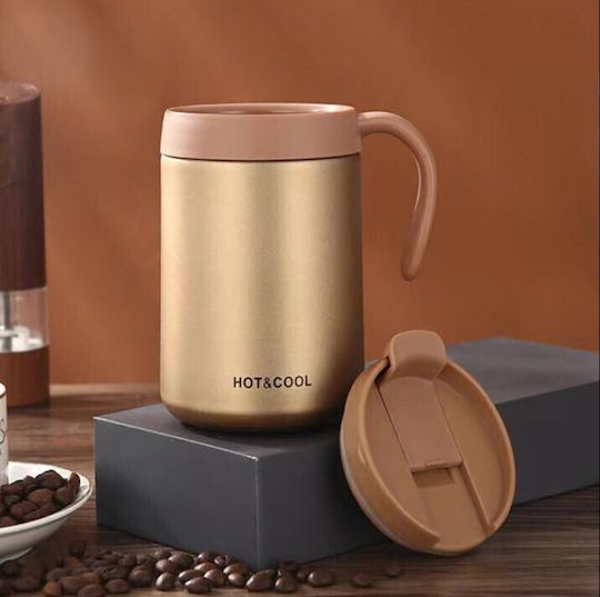 Handled Tumbler Thermos Stainless Steel / Glass 500ml Gold Insulated Travel Mug with Straw and Handle