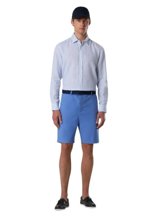 Long Sleeve Linen Shirt in Narrow Fit Light Blue Striped Pattern
