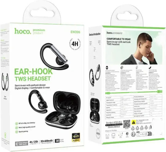 Hoco EW206 Earbud Bluetooth Handsfree Ακουστικά με Αντοχή στον Ιδρώτα και Θήκη Φόρτισης Μαύρα