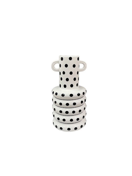 Ceramic Vase Polka Dot Black and White Rings & Small Handles on Neck 21.5x10.5cm 36/kib