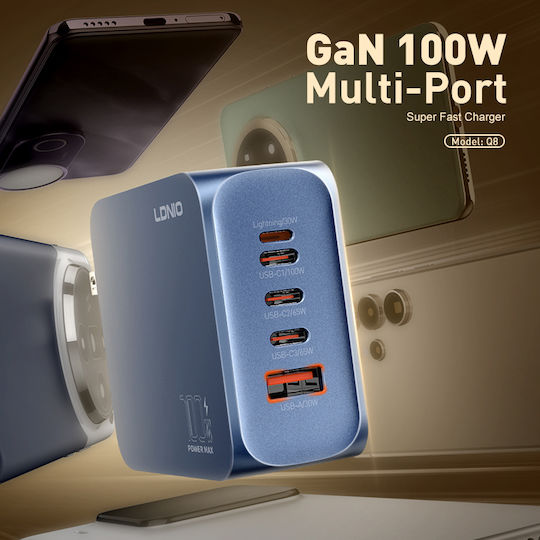 Ldnio GaN Charger With USB-A Port And 3 USB-C Ports And USB-C Cable 100W Power Delivery Quick Charge 3.0 Blue Q8