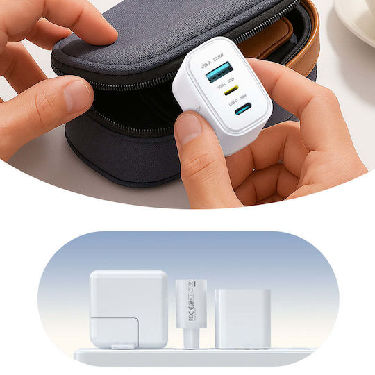 Joyroom Зарядно Устройство Без Кабел GaN с USB-A Изходен Порт и 2 USB-C Изходни Порта и USB-C Кабел 30W Бял (JR-TG6)
