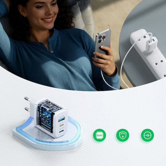 Joyroom Зарядно Устройство Без Кабел GaN с USB-A Изходен Порт и 2 USB-C Изходни Порта и USB-C Кабел 30W Бял (JR-TG6)