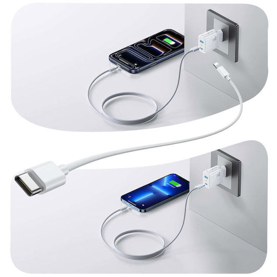 Joyroom Зарядно Устройство Без Кабел GaN с USB-A Изходен Порт и 2 USB-C Изходни Порта и USB-C Кабел 30W Бял (JR-TG6)