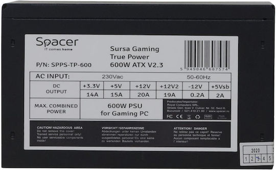 Spacer SPPS-TP-600 600W Black Computer Power Supply Full Wired 80 Plus Standard