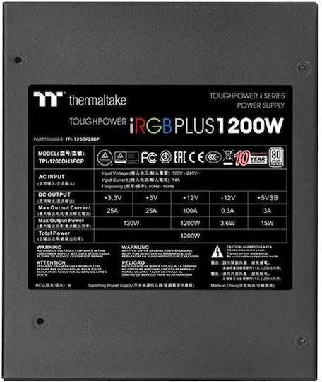 Thermaltake Toughpower iRGB Plus Platinum 1200W Μαύρο Τροφοδοτικό Υπολογιστή Full Modular 80 Plus Platinum