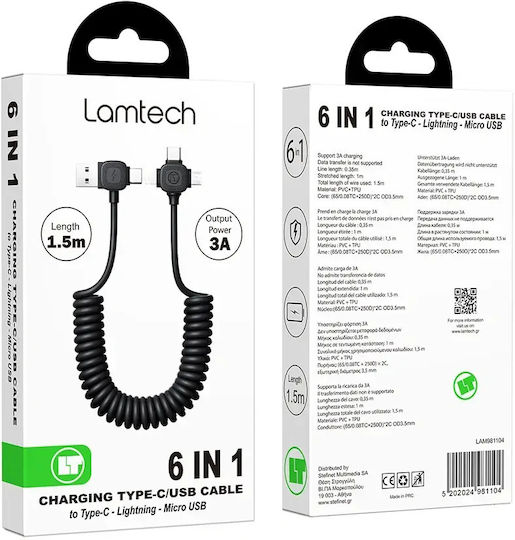 Lamtech 6-in-1 Charging Cable Type-c/usb To Type-c/lightning-micro-usb 3a 1.5m Black Lam981104