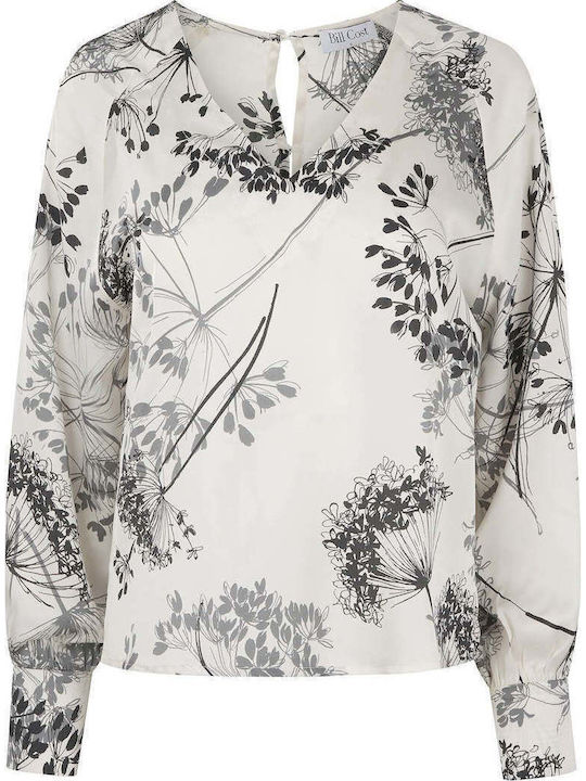 Women's Satin Long Sleeve Blouse with V Neckline Floral Ecru