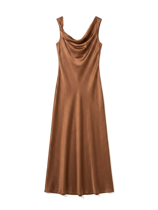 Summer Maxi Evening Dress Satin Drape Brown