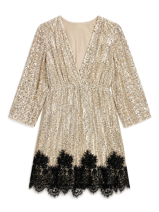 Mini Evening Dress with Lace Black-Beige-Gold