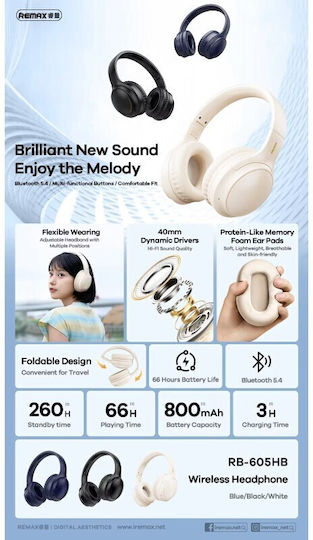 Remax RB-605HB Ασύρματα Bluetooth On Ear Ακουστικά με 12 ώρες Λειτουργίας Μπλε