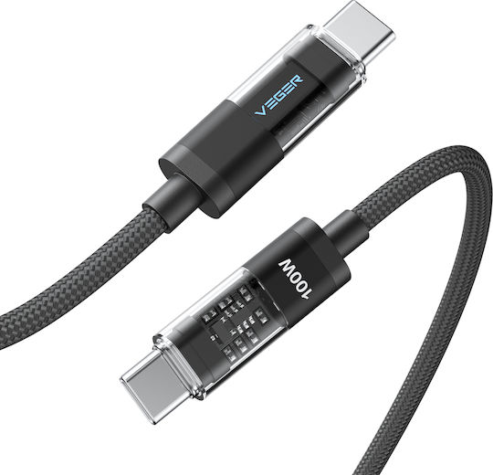 Veger LED / Braided USB 2.0 Cable USB-C male - USB-C 100W Μαύρο 1.5m CC16