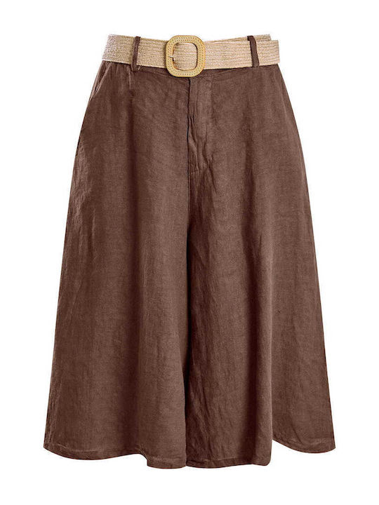 Celestino Zip-Culottes Damenhose Leinen Gürtel Loose Fit Braun