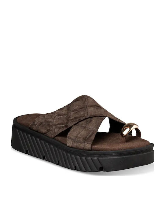 Δερμάτινα Γυναικεία Σανδάλια Flatforms Καφέ