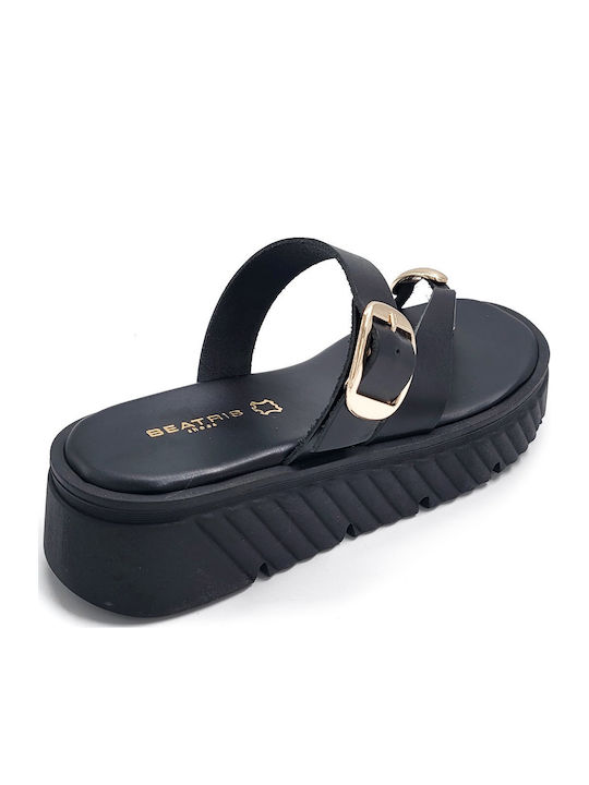 Leder Flache Damen Sandalen Flatforms Schwarz