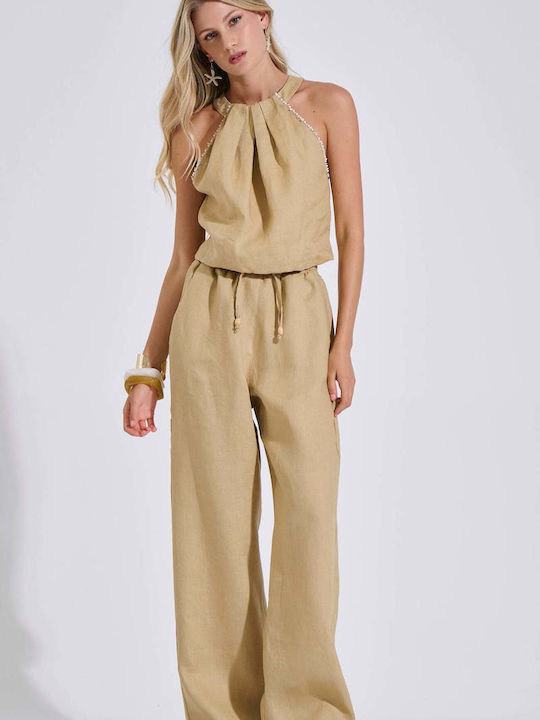 Women's Summer Linen Sleeveless Blouse with Neck Tie Beige