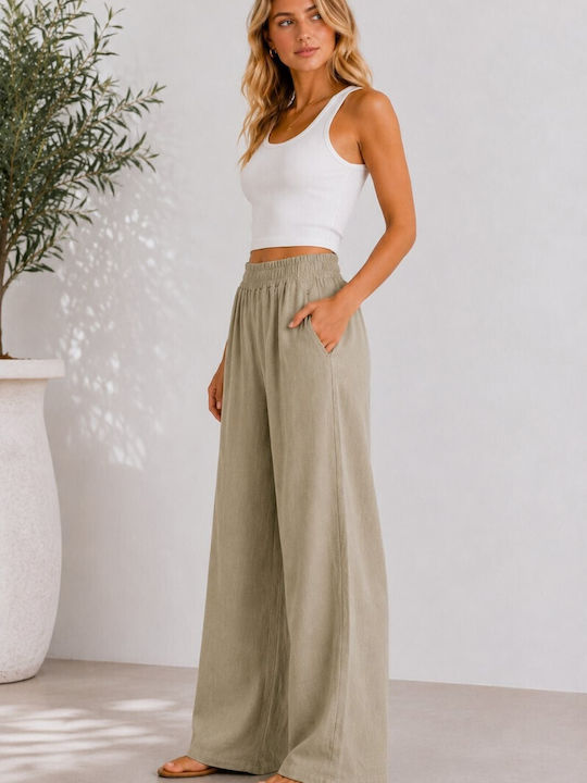 Women's High Rise Pantaloons with Rubber Band in Loose Fit Khaki