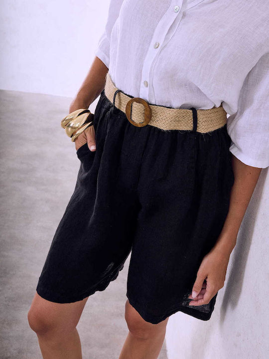 Celestino Women's Linen Bermudas With Straw Belt Black