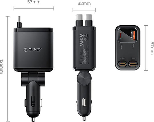 Orico Twin Reach 45w Usb-a + Usb-c Car Charger Two Retractable Usb-c Cables Black Tr-45-1a3c Orico-tr-45-1a3c-bk-ep-hu
