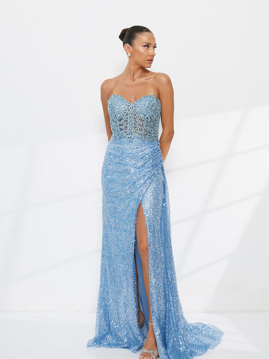 Maxi Βραδινό Φόρεμα Strapless με Σκίσιμο Baby Blue