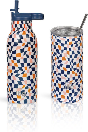 Metal Bottle Thermos Stainless Steel Aluminum BPA Free 550ml Multicolour Squares with Straw