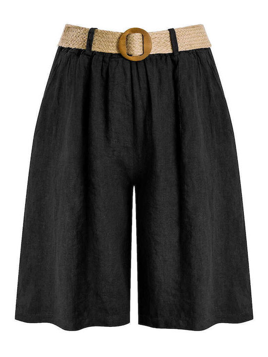 Celestino Women's Linen Bermudas With Straw Belt Black