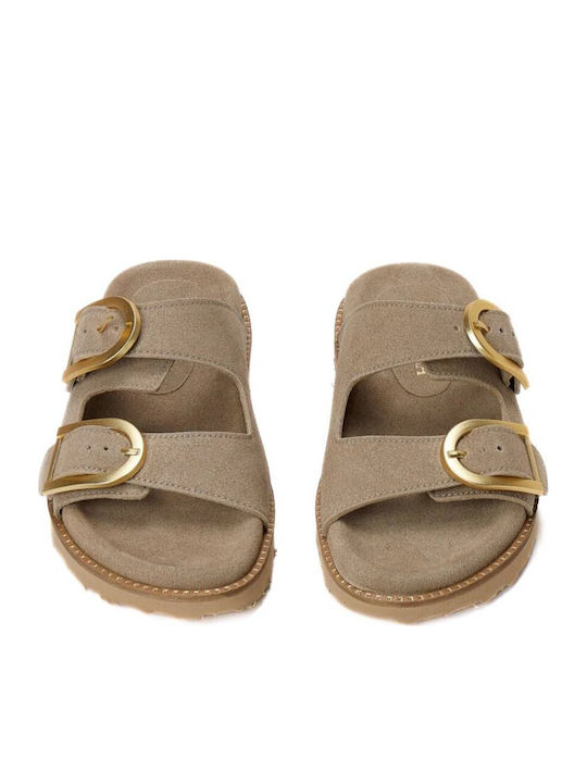 Leder Flache Damen Sandalen Beige