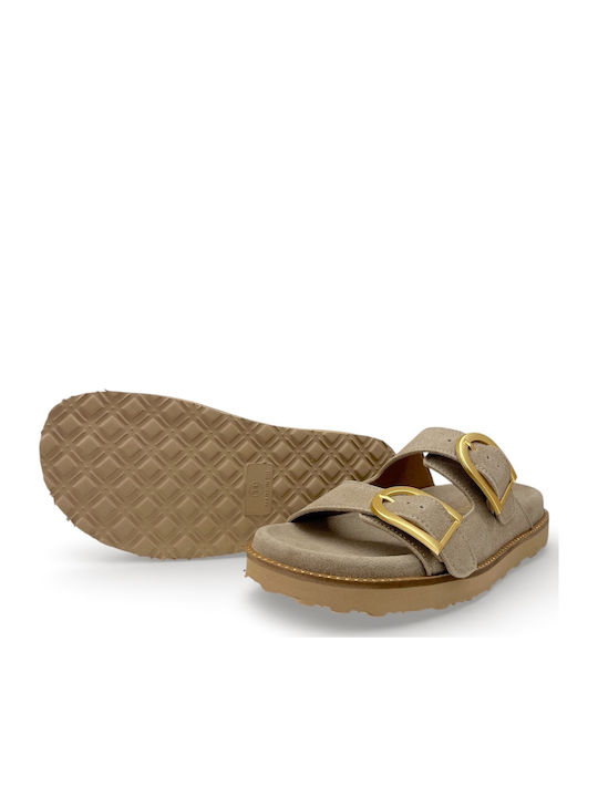 Leder Flache Damen Sandalen Beige