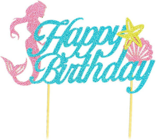 Cake Pastry Topper Set Alista Home Mermaid Theme Large Happy Birthday Script Model 16.5x8.2 Cm 6 Small Marine Model Toppers 5x5 Cm Multicolor