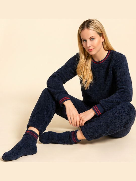 Pink Label Χειμερινό Γυναικείο Σετ Πιτζάμας Fleece Yacht Blue