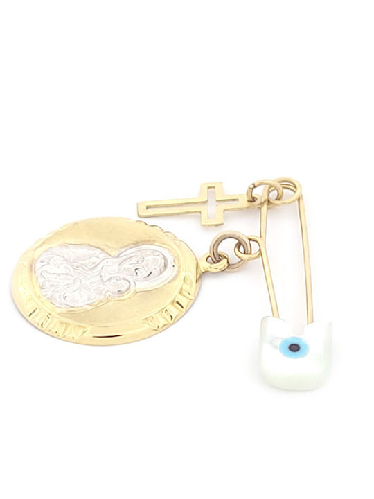 Kinder Sicherheitsnadel-Anhänger aus 9K Gold mit Kreuz und Ikone der Jungfrau Maria Kinder Sicherheitsnadel-Anhänger aus 9K Gold mit Kreuz und Ikone der Jungfrau Maria