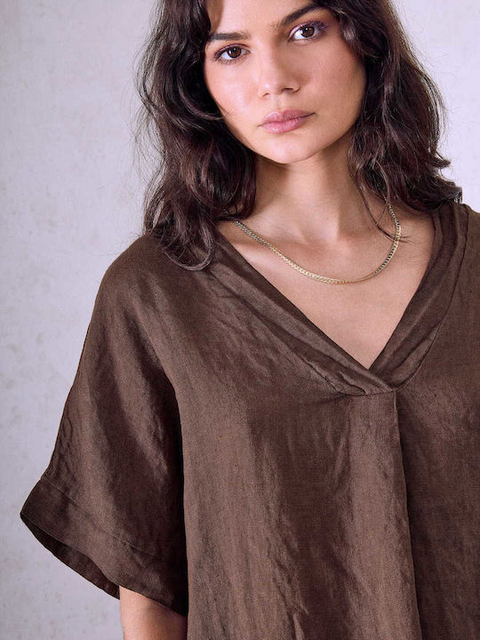 Celestino Bluza Damă Din In Cu Plisuri Fit Loose Maro