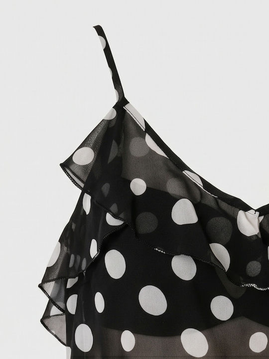 Women's Blouse with Spaghetti Straps & V-Neck Polka Dot Black