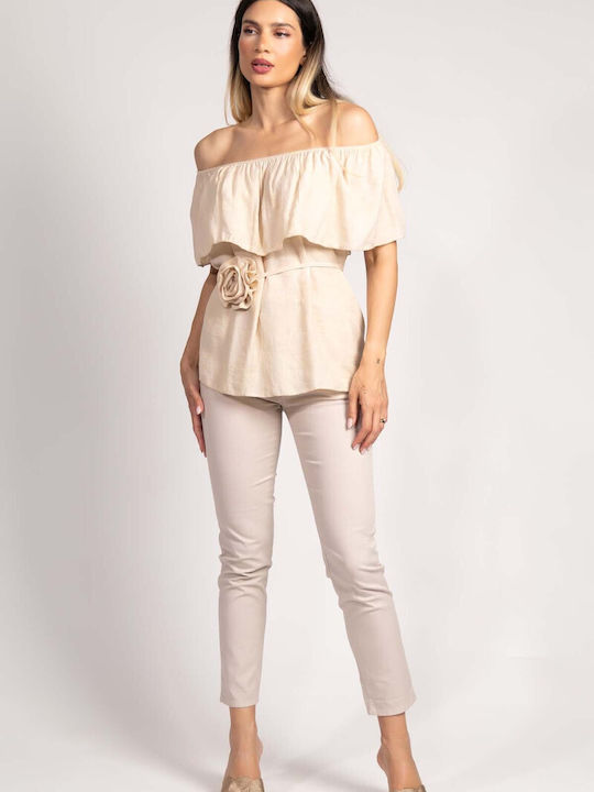 Damen Bluse Kurzärmelig Blumen Beige