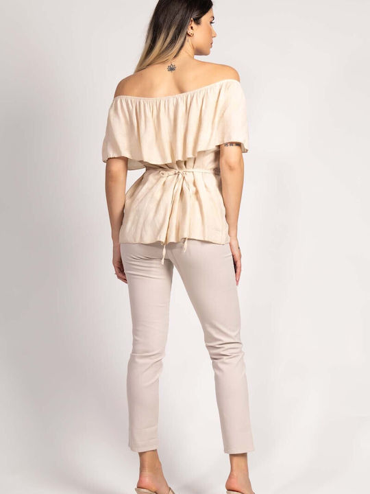 Damen Bluse Kurzärmelig Blumen Beige
