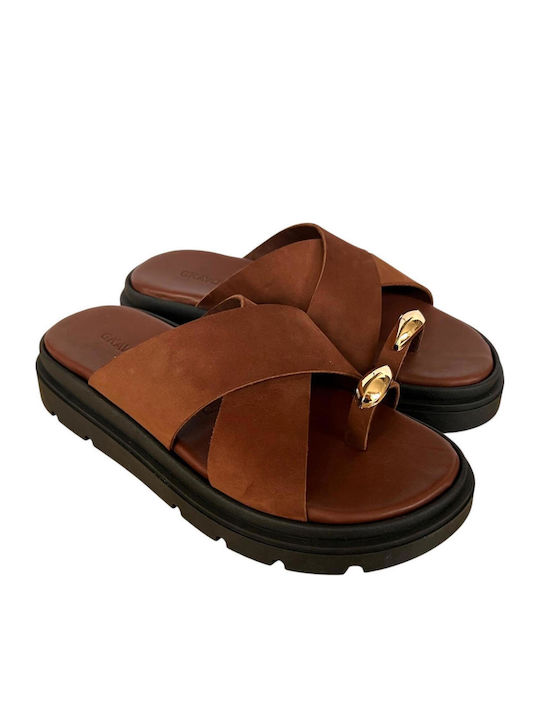 Leather Women's Flat Sandals Flatforms Brown