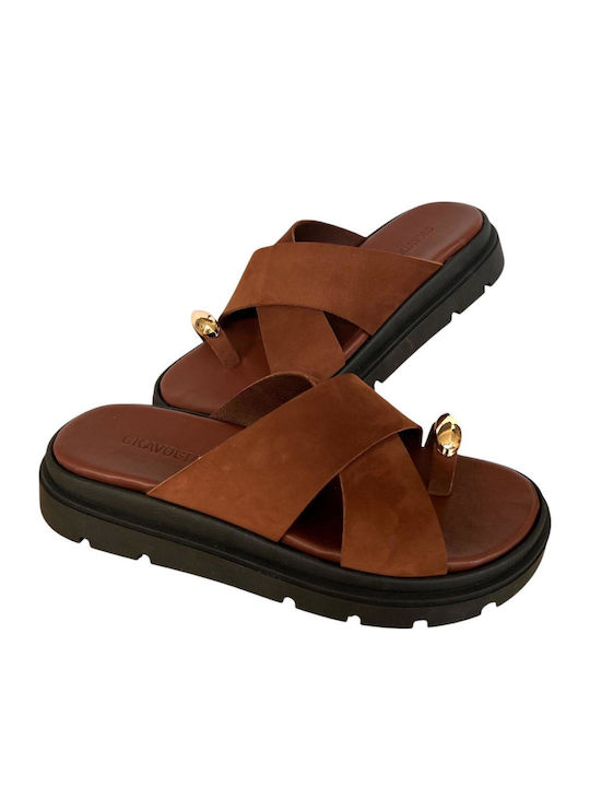 Leather Women's Flat Sandals Flatforms Brown