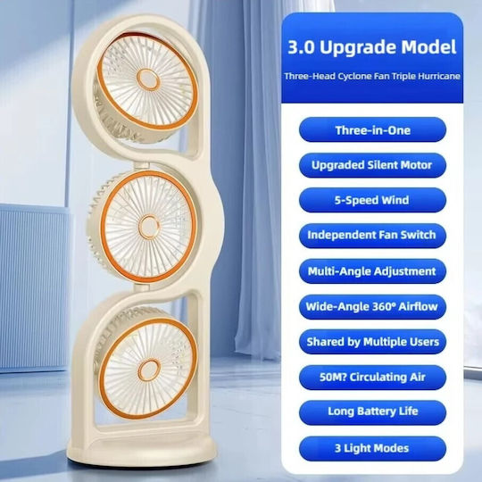 Roza Rzt3-Beige Triple Table Fan USB Rechargeable 5 Speeds LED