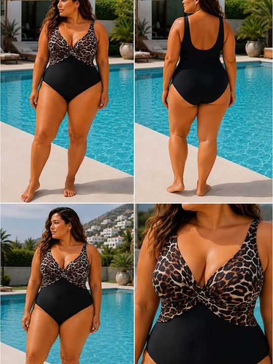 One Piece Swimsuit With Light Padding Animal Print Black