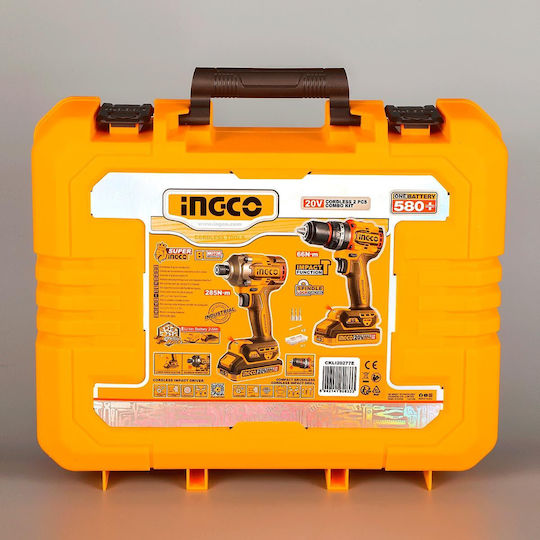 Ingco CKLI20277E Drill Driver & Impact Screwdriver Brushless 20V with 2 Batteries 2Ah and Case