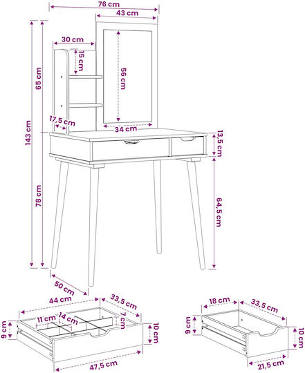 Floor-standing Makeup Dressing Table from Solid Wood White with Mirror 76x50x143cm