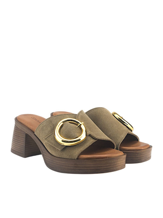 Leather Mules with Chunky Heel in Beige Colour