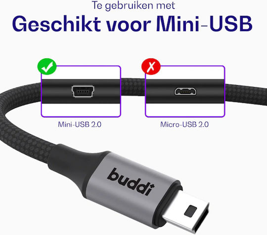 Buddi Flex Braided Cable USB-C male - mini USB-A 12W Μαύρο 1m